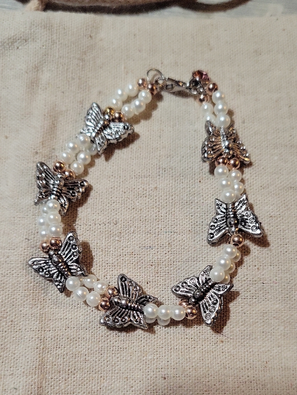 Hand Made Butterfly Pearl Beaded Bracelet - White & Silver Accents